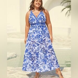 Blue Floral Women's One Piece  Swim Suit with Mesh Skirt Coverup NWT